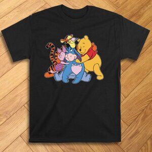 Cute Winnie Bear & Friends Cartoon Hug Graphic Tee Black Cartoon Style T-Shirt